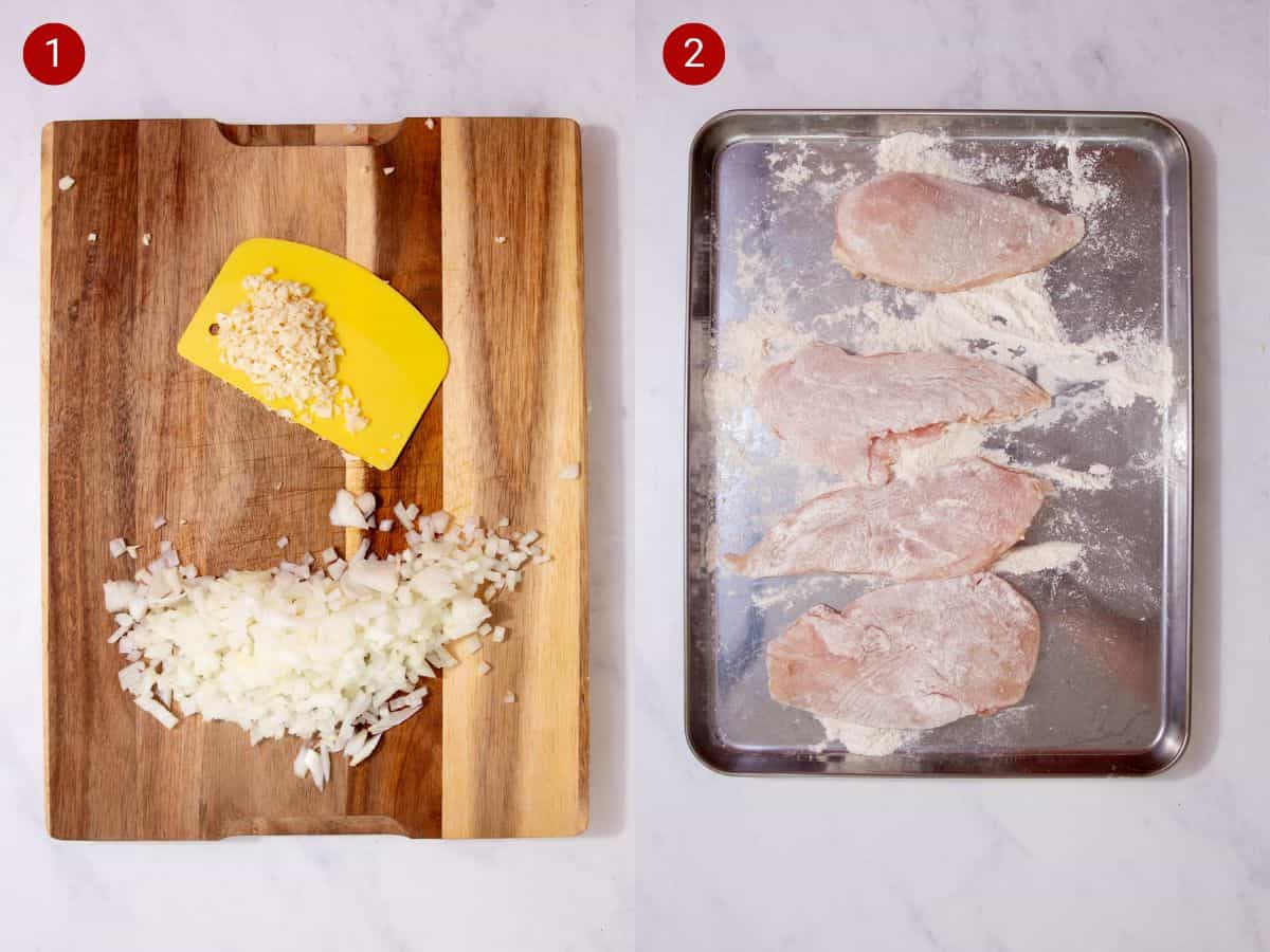 2 step by step photos, the first with finely slice onions  and garlic on a wooden chopping board and the second with pieces of chicken covered in flour on a stainless steel baking tray.