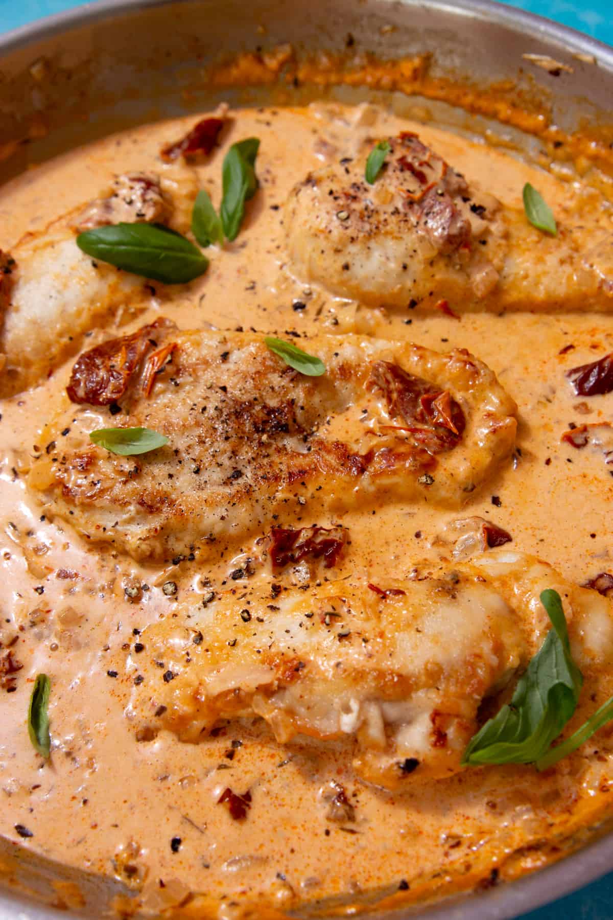 Close up of chicken in a creamy tomatoey sauce in a large stainless steal pan topped with fresh basil. 