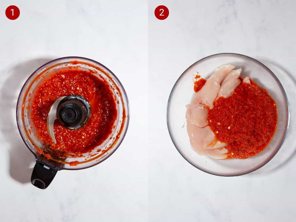 2 step by step photos, the first with red marinade made in the blender cup and the second with the marinade added to the chicken in a glass bowl.
