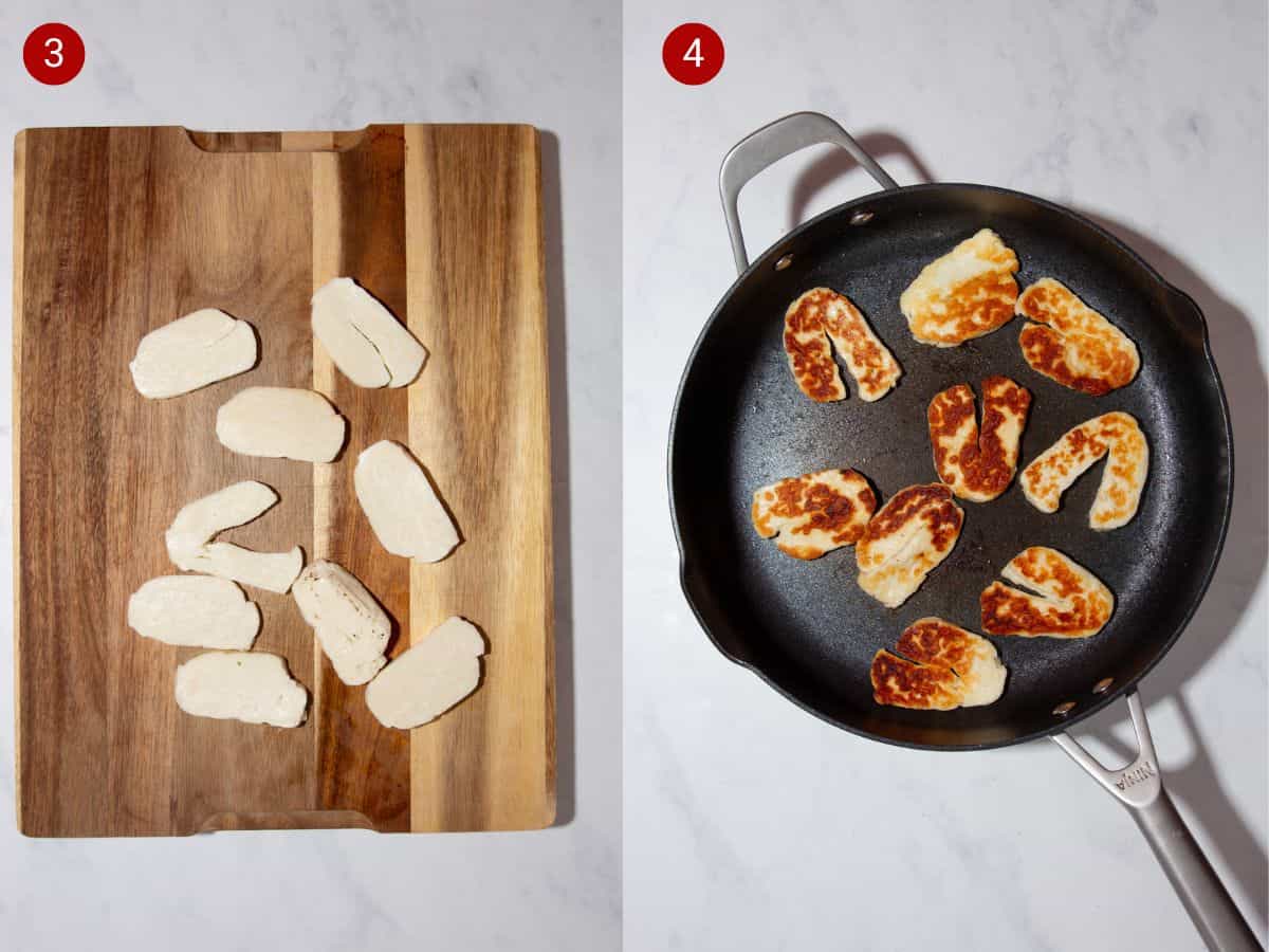 2 step by step photos, the first with sliced halloumi on a wooden a wooden chopping board, the second with the golden browned halloumi frying in the pan.
