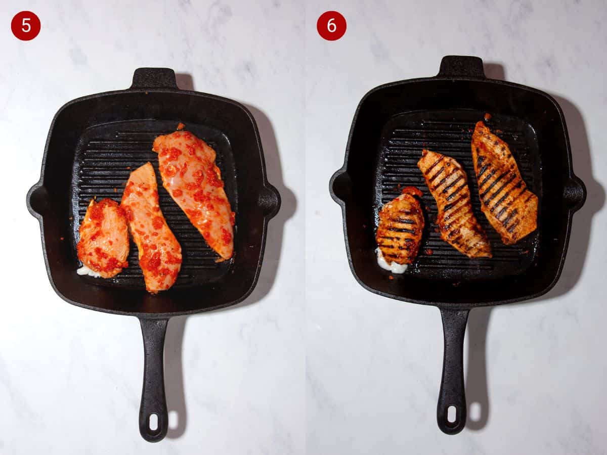 2 step by step photos, the first with marinaded chicken frying in a griddle pan, the second with the chicken cooked with char lines fried on the griddle pan.
