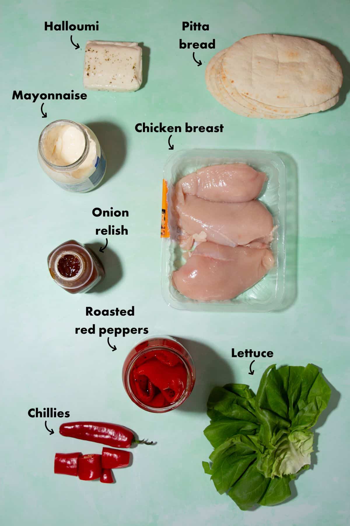 Ingredients to make pitta bread with chicken and halloumi, laid out on a pale blue background and labelled.