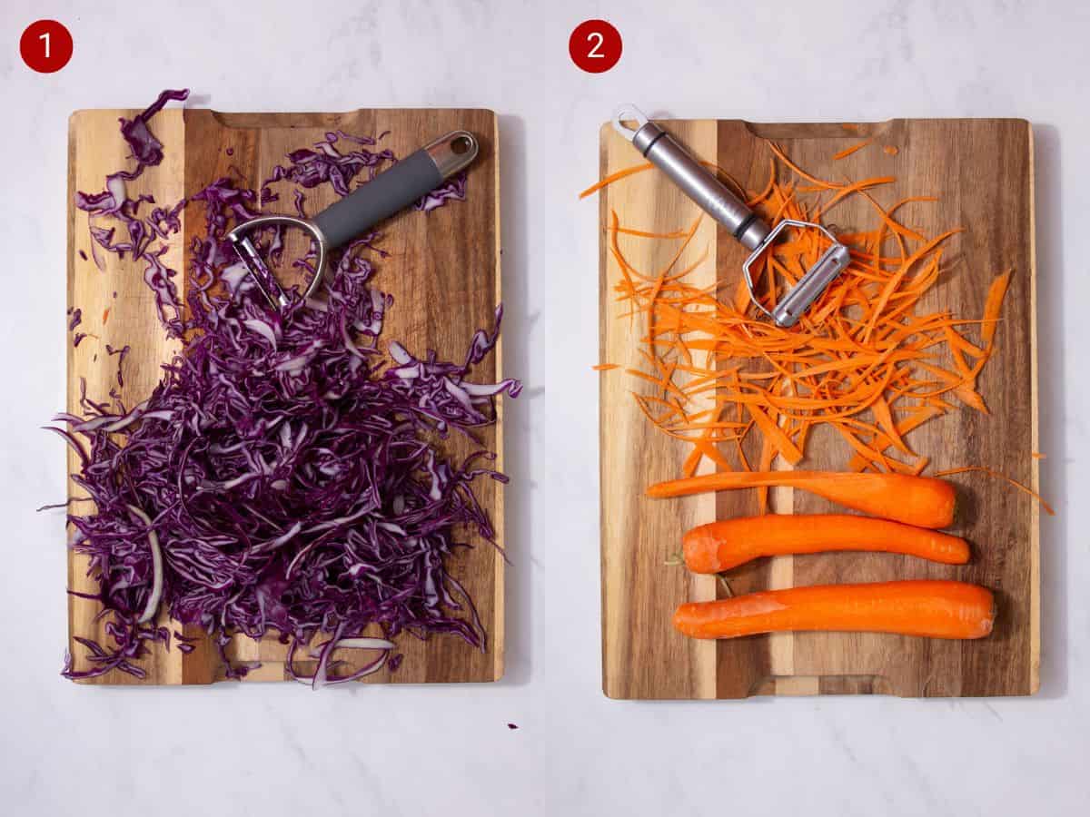 2 step by step photos, the first with shredded red cabbage on a chopping board and the second with peeled carrot pieces on a chopping board.