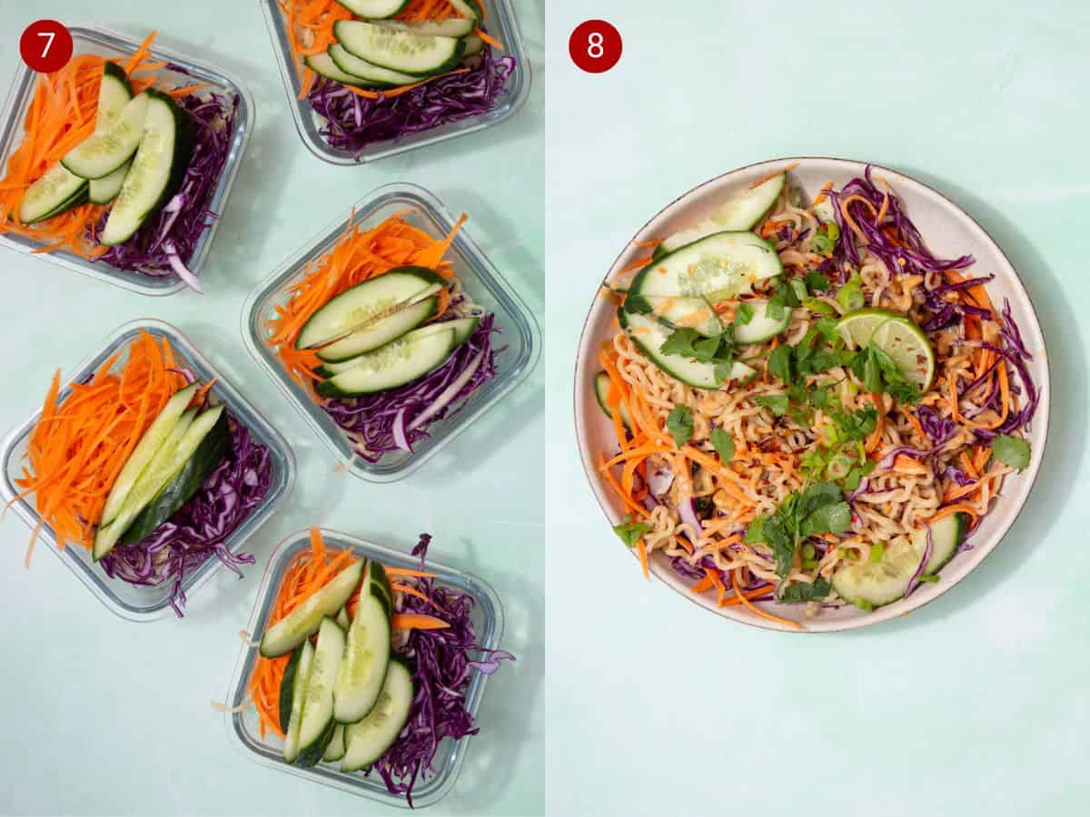 2 step by step photos, the first with shredded red cabbage, carrots and sliced cucumber in 5 meal prep containers and the second withall the ingredients added to a bowl.