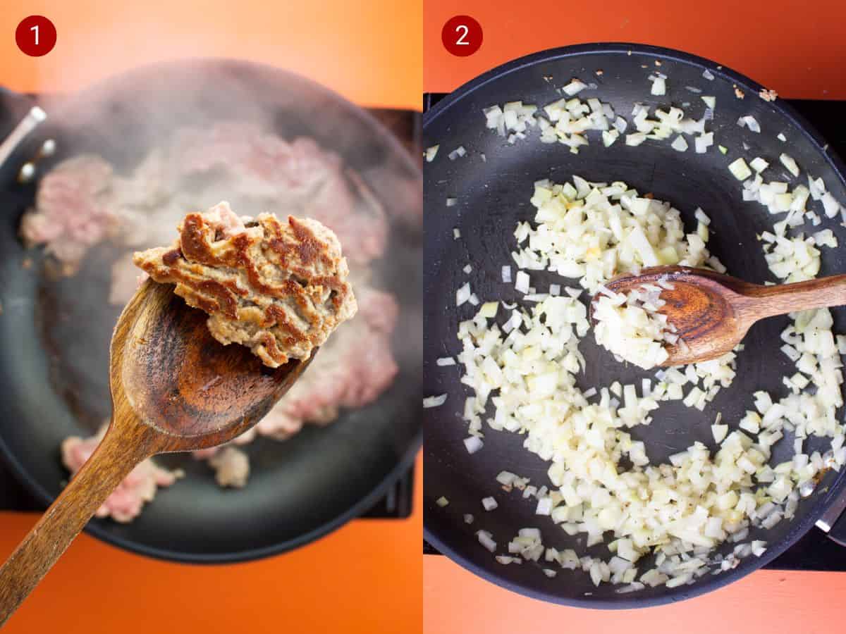 2 step by step photos, the first with fried mince on a wooden spoon over a pan with mince and the second with chopped onions frying in a pan and stirred with wooden spoon.