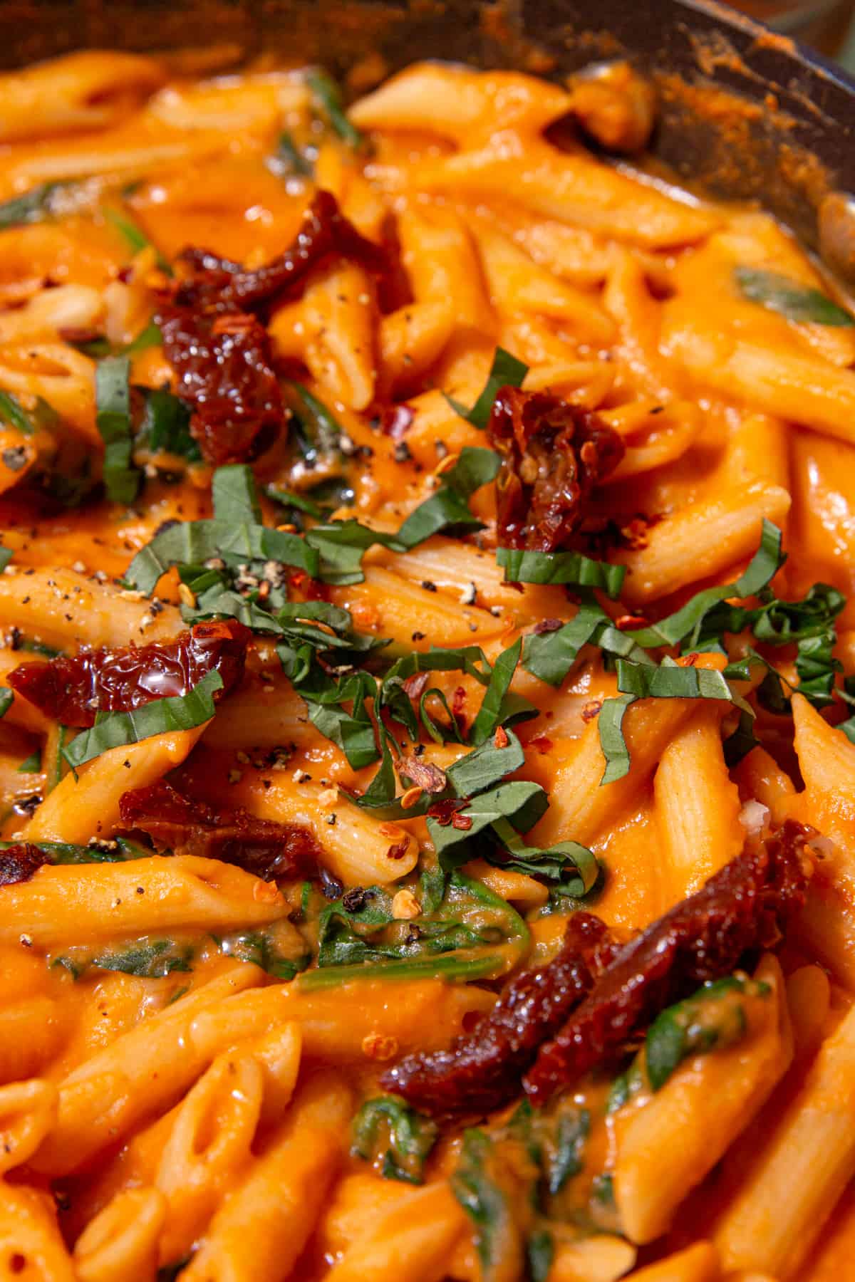 Close up of pasta with a tomatoey sauce, sun dried tomatoes and sliced fresh basil in a pan.