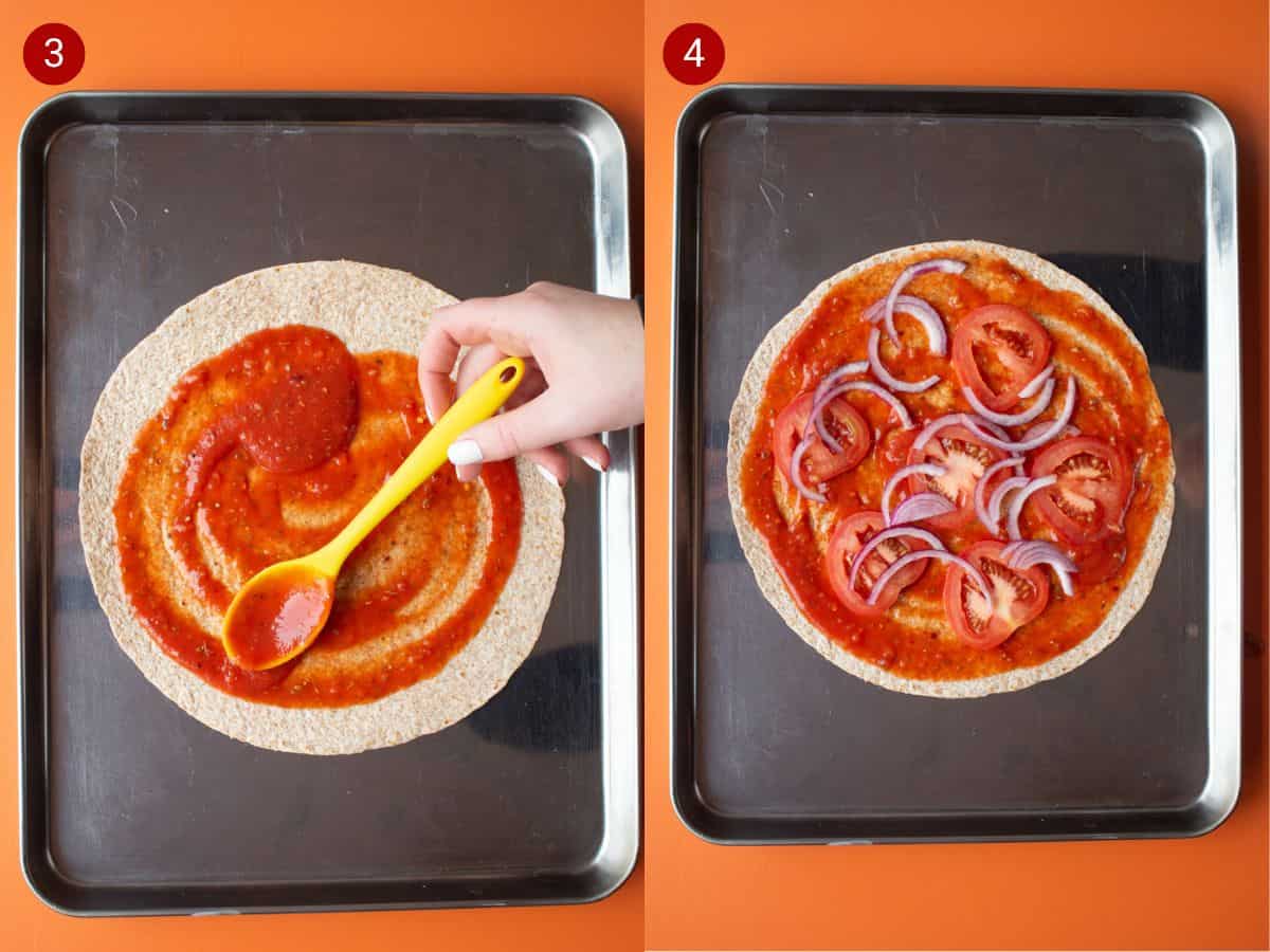 2 step by step photos, the first with tomato sauce spread over a wrap on a stainless steal baking tray and the second with pieces of red onion and tomatoes added.