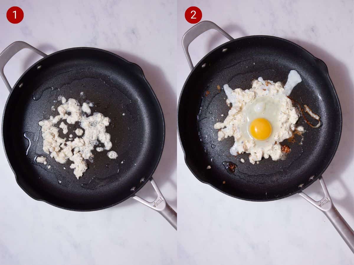 2 step by step photos, the first with feta cheese frying  in the pan and the second with a fried egg topping.