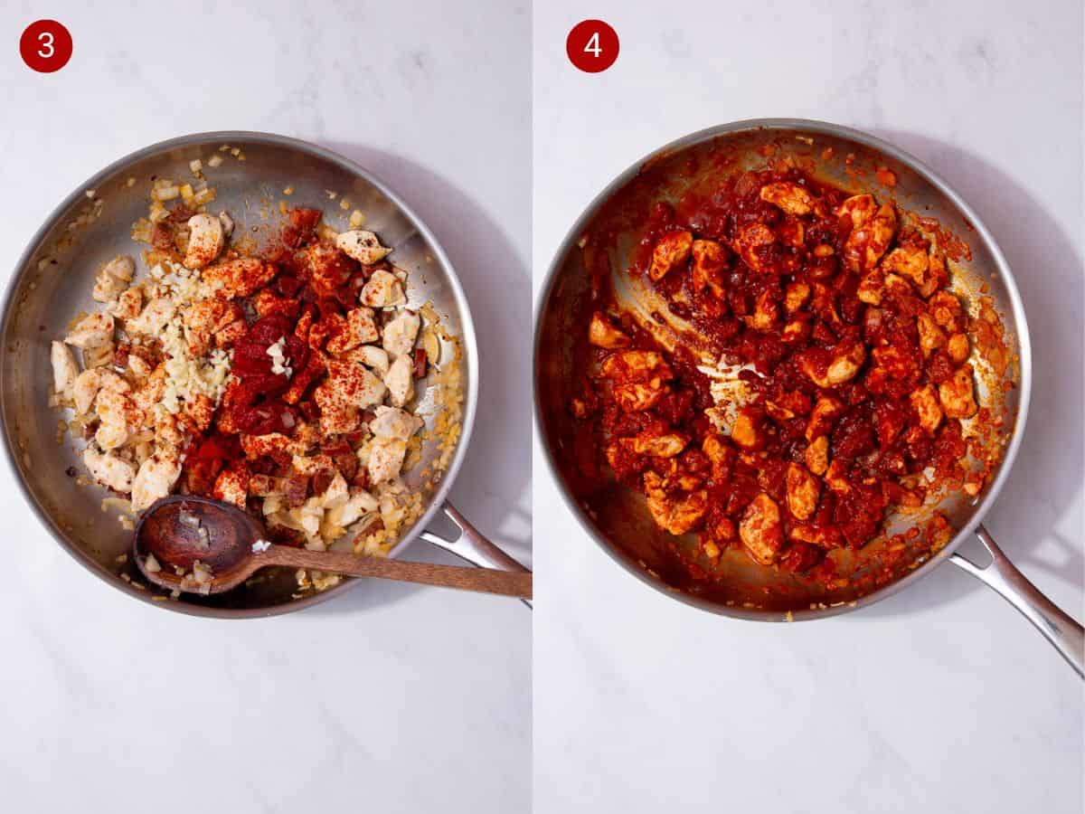 2 step by step photos, the first with red spices added to a pan with chicken and chorizo pieces and the second with peverything mixed together in the pan.
