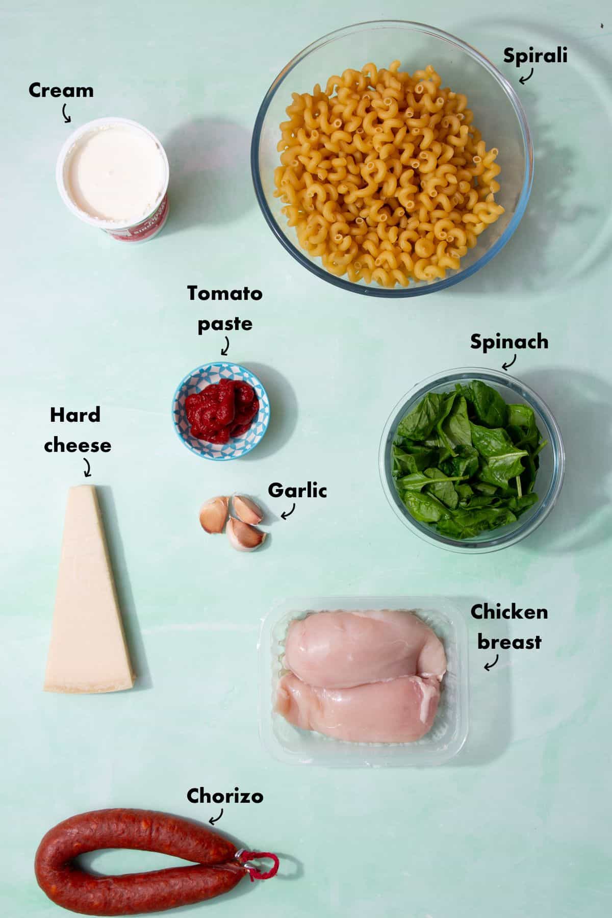 Ingredients to make the chicken and chorizo pasta recipes laid out on a pale blue background and labelled.