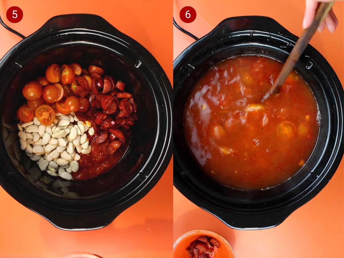 2 step by step photos, the first with beans, tomatoes and chorizo added to slow cooker and the second with the stock added.