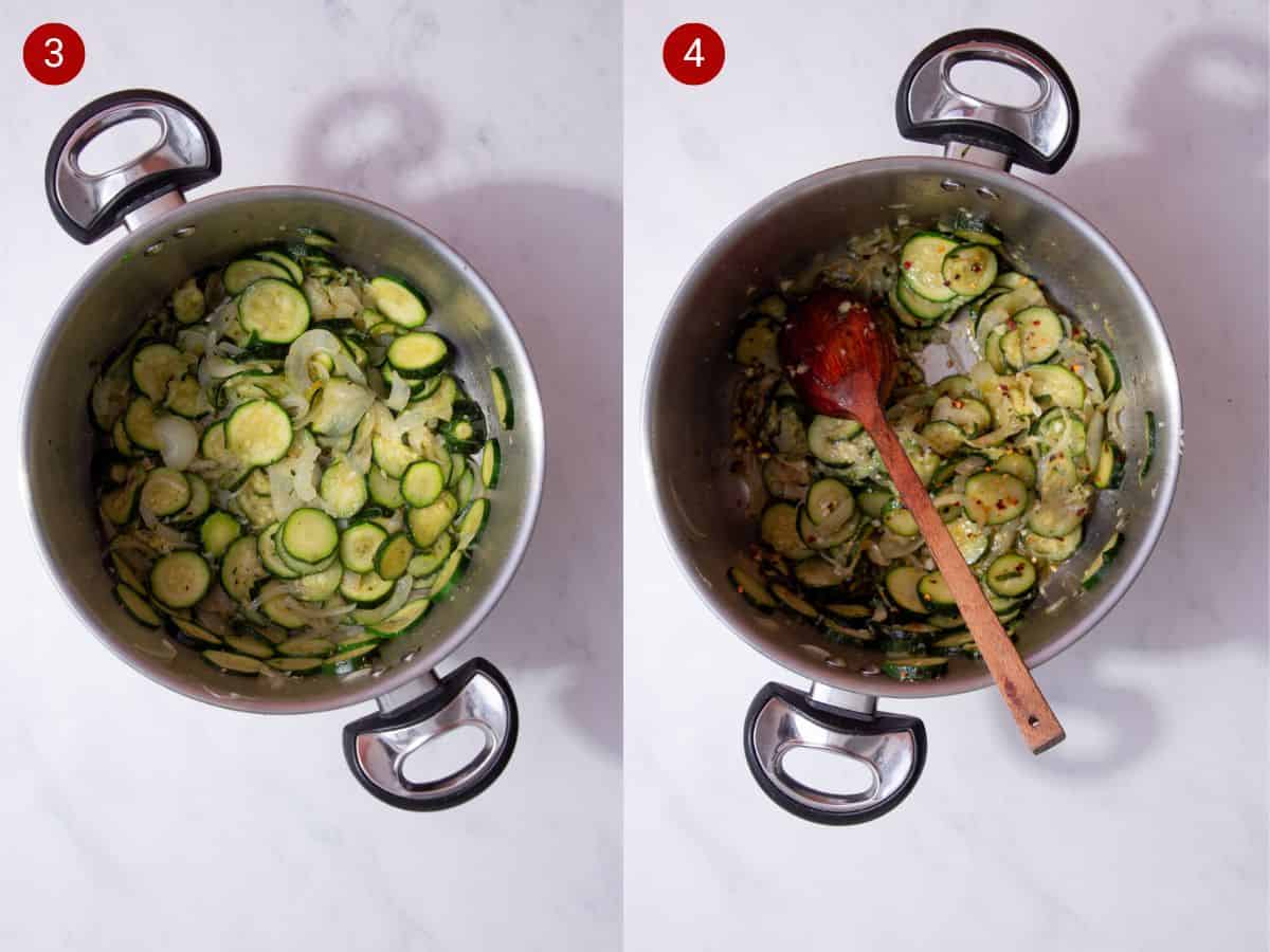 2 step by step photos, the first with onions and courgettes in a large saucepan and the second with the onions and courgettes fried and stirred with a wooden spoon.