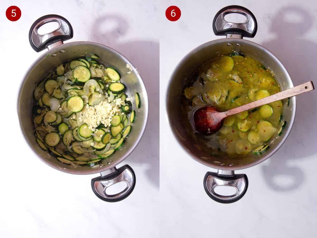2 step by step photos, the first with onions and courgettes in a large saucepan with minced garlic added and the second with the stock added to pan and mixed with a wooden spoon.