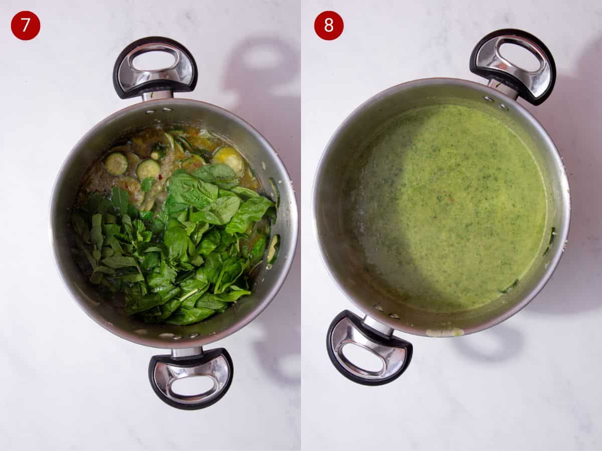 2 step by step photos, the first with spinach added to the soup mix in a large saucepan and the second with the blended green soup in a the pan.