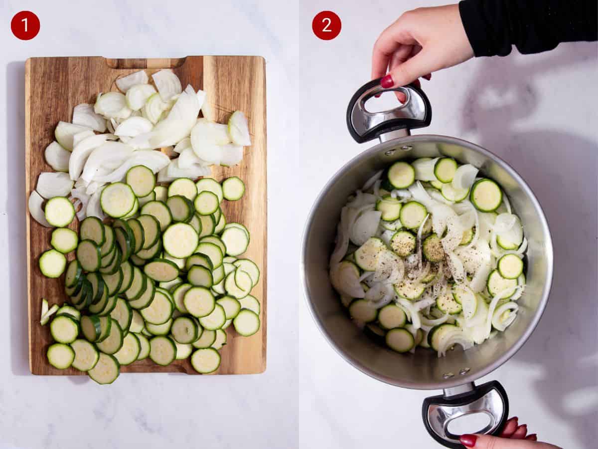 2 step by step photos, the first with finely sliced onions  and courgettes on chopping a board and the second with both these ingredients in a large saucepan and seasoning.