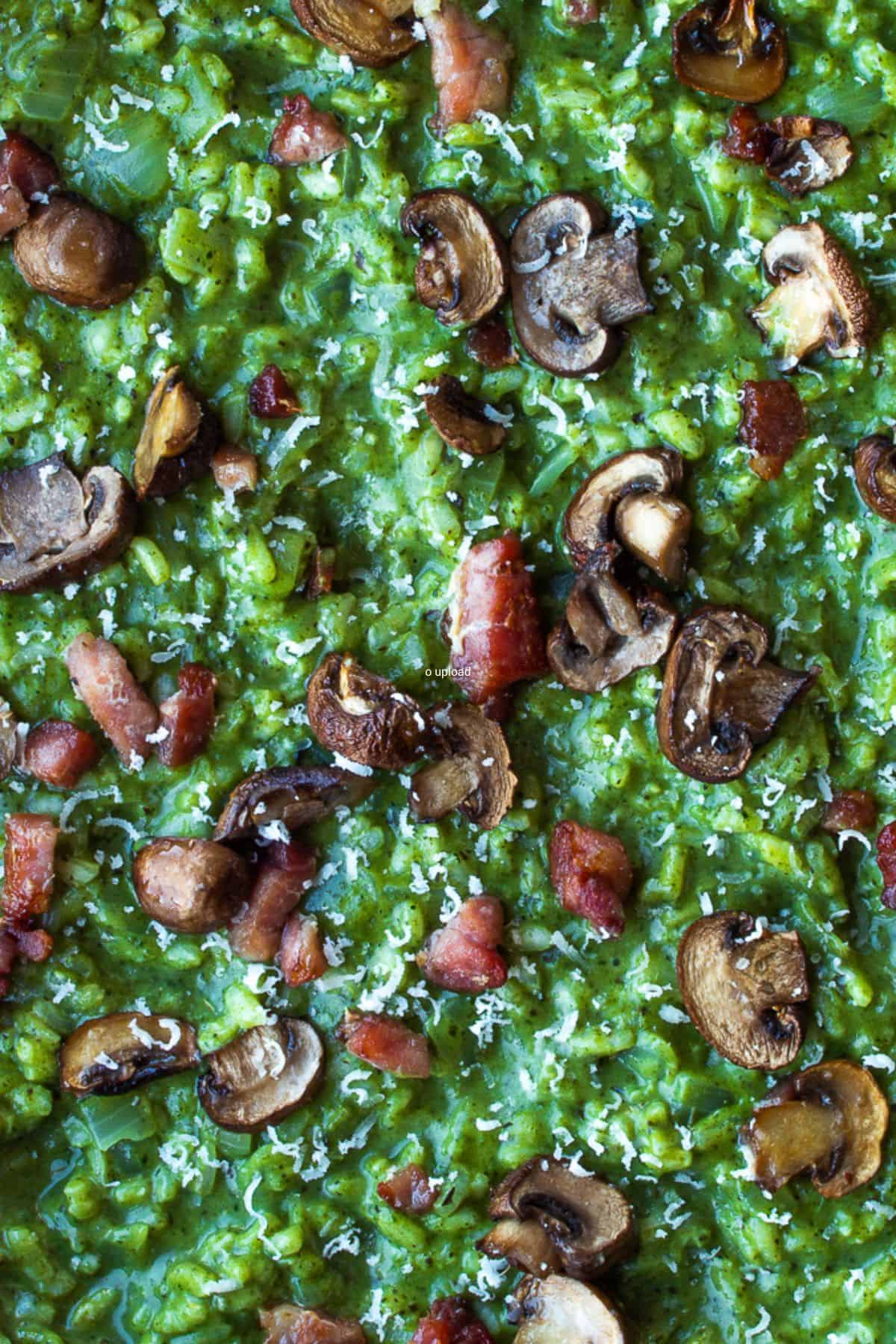 Close up of green rice risotto topped with bacon and mushrooms and parmesan cheese.