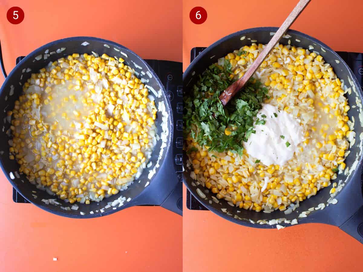 2 step by step photos, the first with sweet corn, onions and stock ina pan and the second with a dollop of creme fraiche and chopped coriander added to pan with a wooden spoon.
