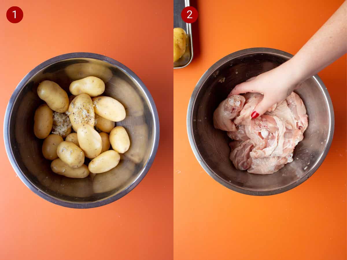 2 step by step photos, the first with new potatoes and seasoning in a metal bowl and the second with chicken thighs in the metal bowl and mixed with a hand.