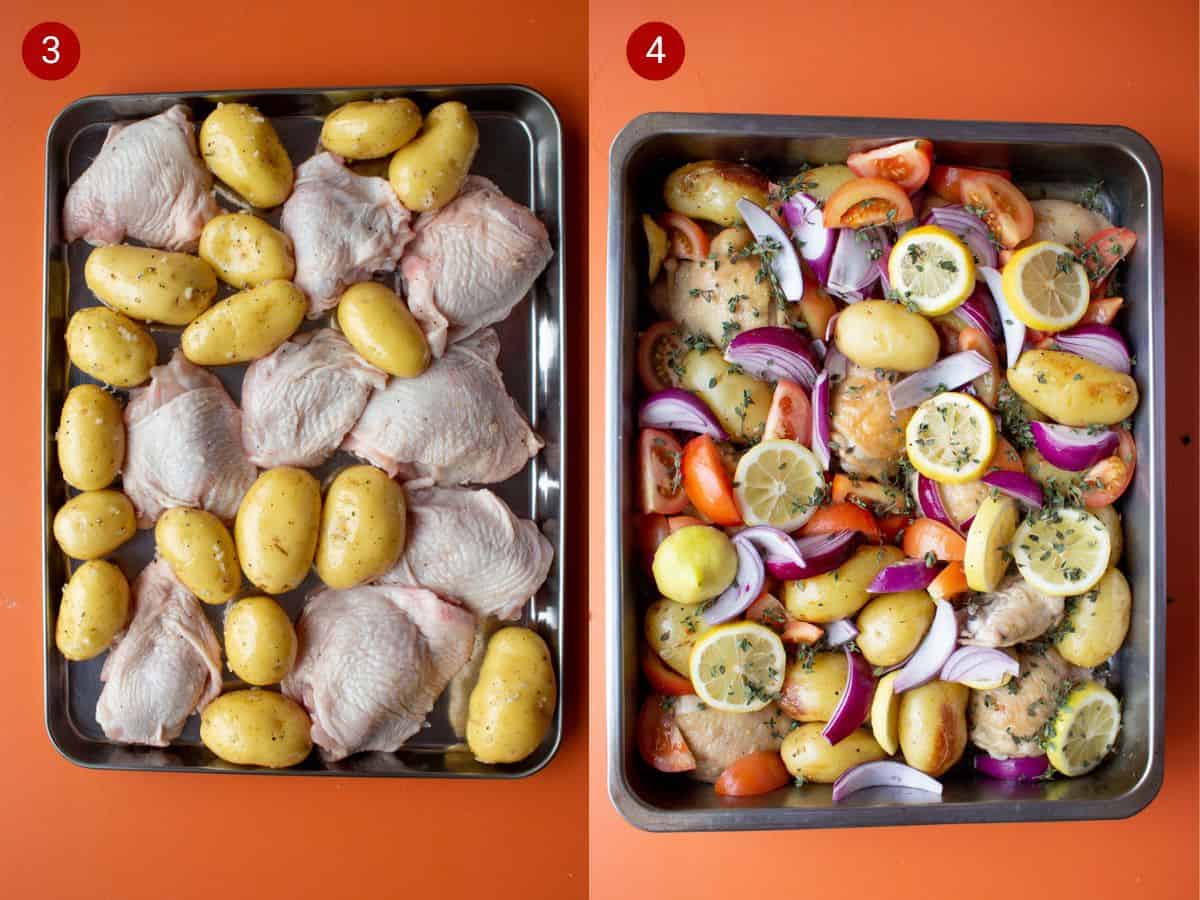 2 step by step photos, the first with uncooked chicken thighs and new potatoes on a baking tray and the secondthe vegetables added to the golden browned chicken thighs and potatoes.