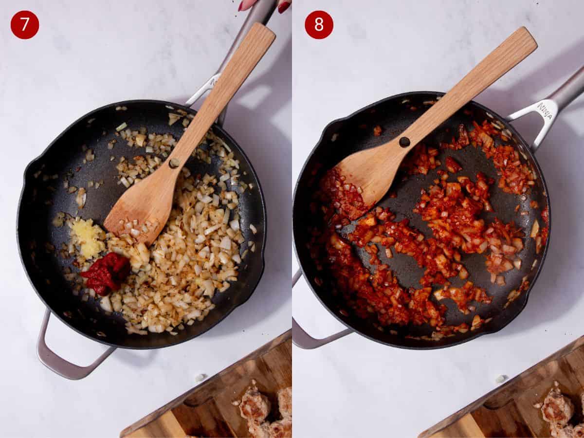 2 step by step photos, the first with finely sliced onions, tomato paste and garlic frying in a pan with wooden spoon and the second with the tomato mixed with the onions with the wooden spoon.
