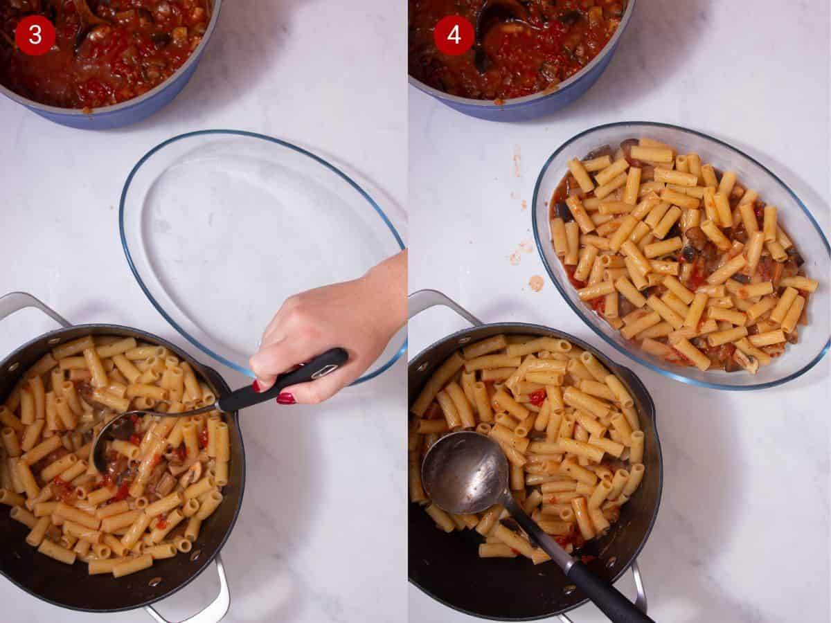 2 step by step photos, the first with a cooked tomato sauce in a pan and cooked pasta mixed with sauce in a separate pan next to a glass oval dish and the second with the oval dish full of tomato covered pasta.