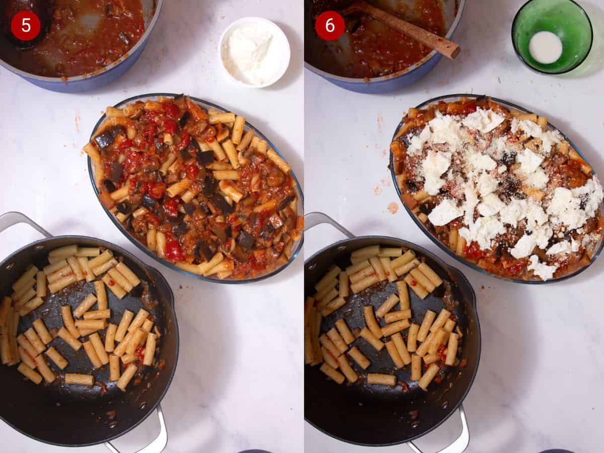 2 step by step photos, the first with tomato sauce added to pasta in oval dish next to pasta pan and the pan with the sauce, the second with cheese topping added to the oval dish.
