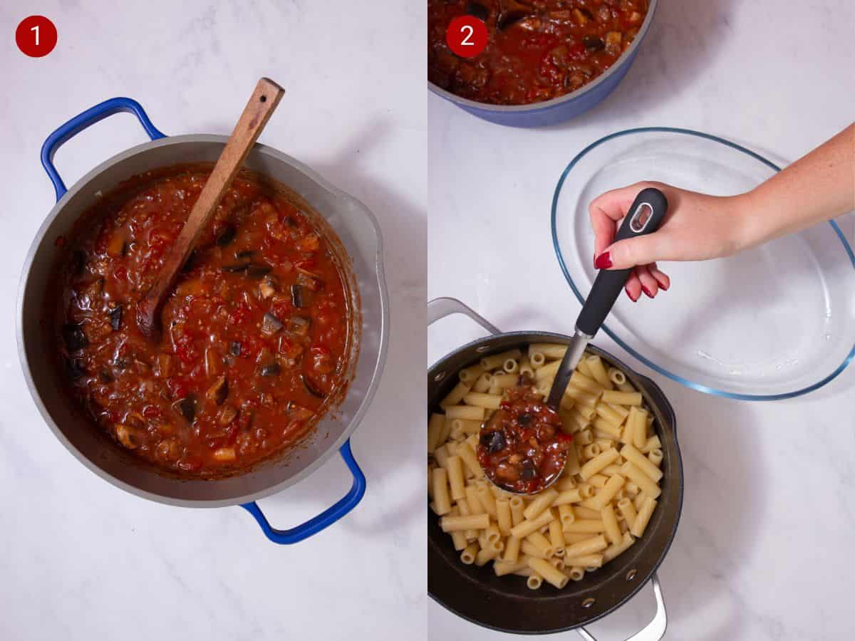 2 step by step photos, the first with a cooked tomato sauce with vegetables in a blue saucepan and the second with cooked pasta and a ladle of sauce next to a glass oval dish.