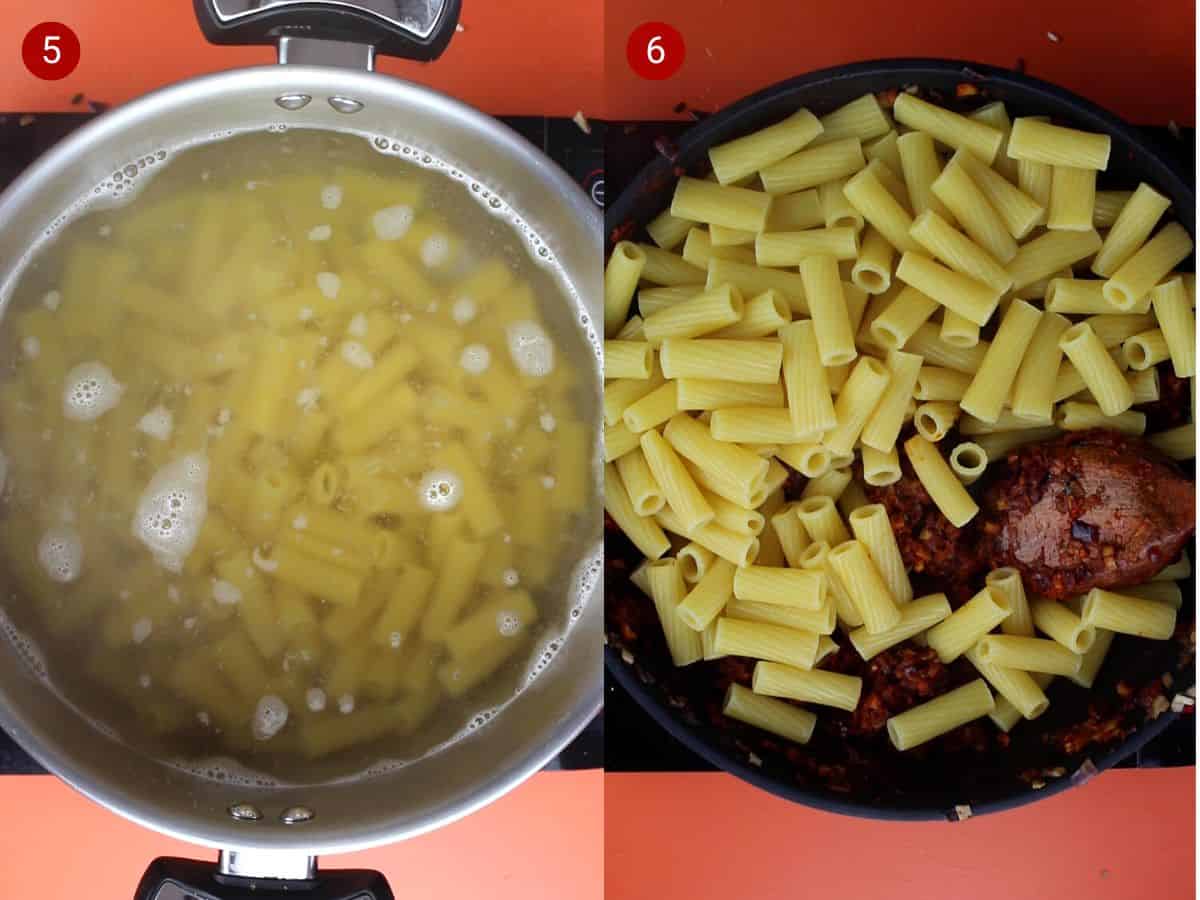 2 step by step photos, the first with finely pasta in water in a saucepan and the second with the cooked pasta added to sauce in a pan.
