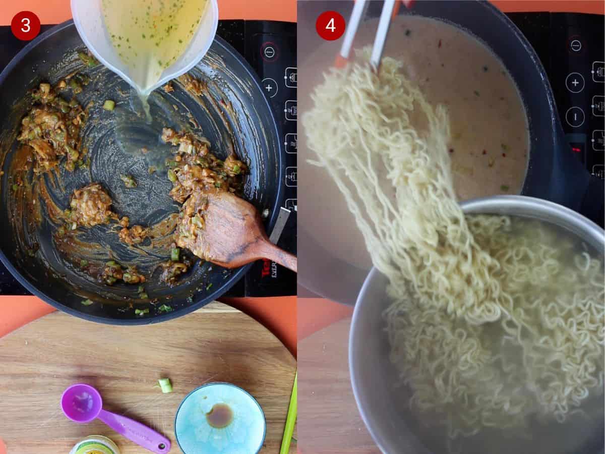 2 step by step photos, the first with stock being poured into a pan with peanut sauce and the second withcooked noodles being pulled from saucepan into sauce with tongs.