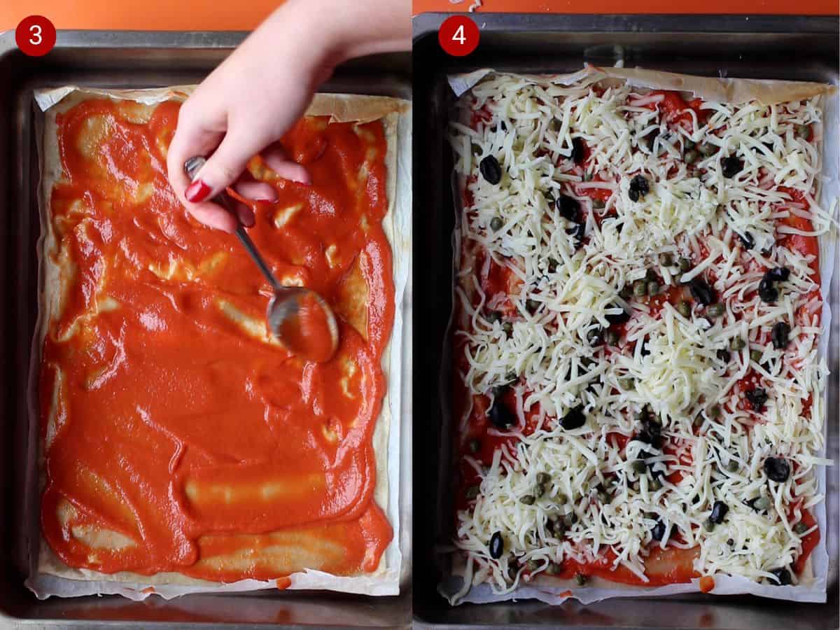 2 step by step photos, the first with pastry being topped with a tomatoey sauce on a baking tray and the second with the pastry covered with grated cheese, pieces of black olives on the sauce.