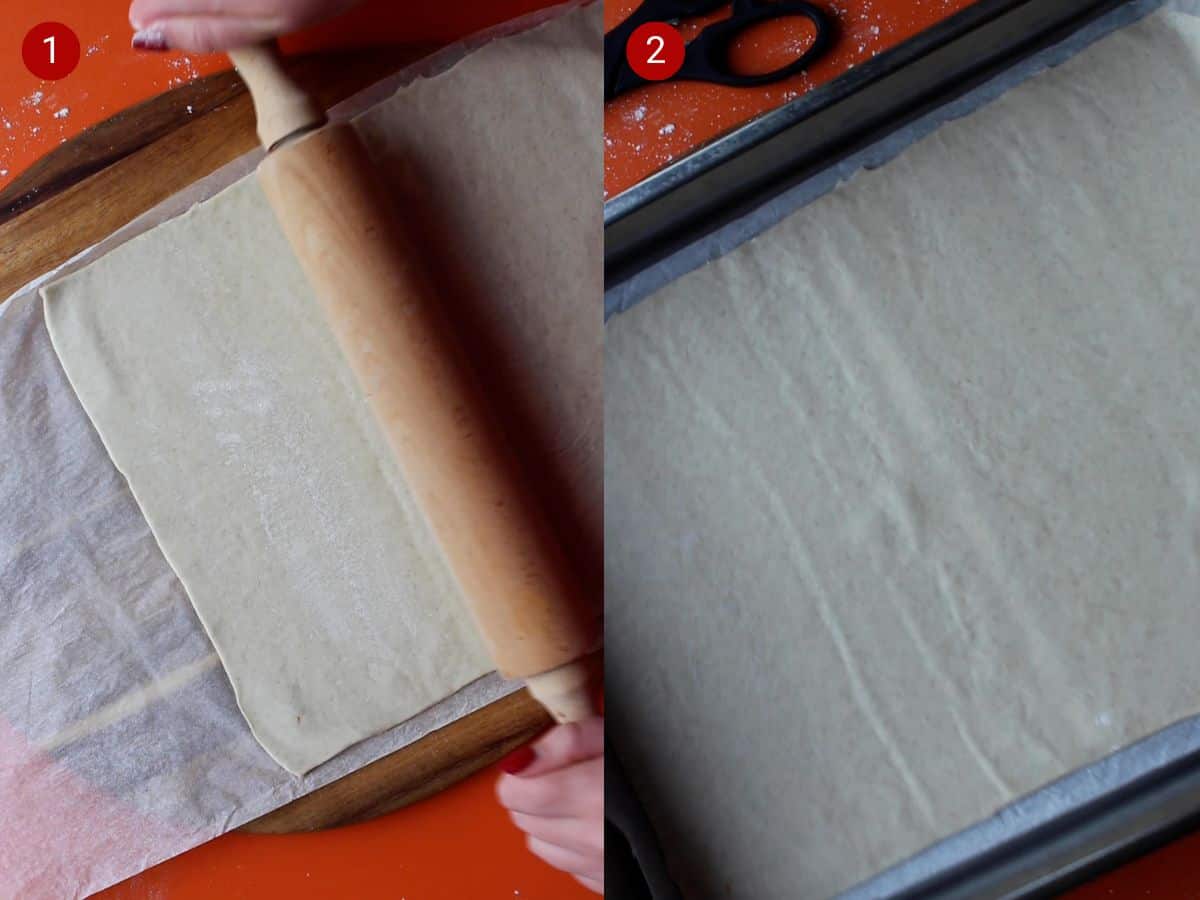 2 step by step photos, the first with pastry being rolled out with a rolling pin and the second with the pastry on parchment paper in a baking tray.