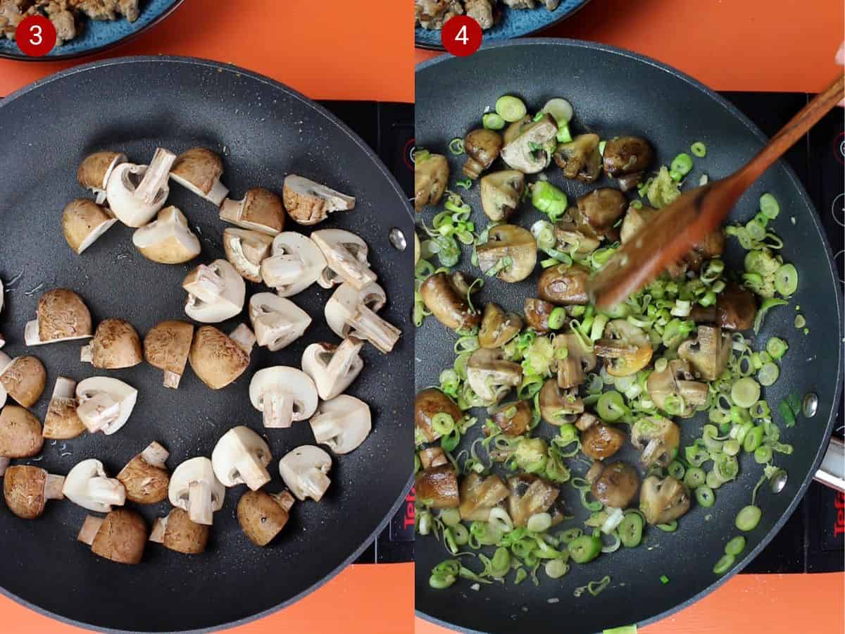2 step by step photos, the first with sliced mushrooms frying in a pan and the spring onions and mushrooms frying in the pan and mixed with wooden spoon.