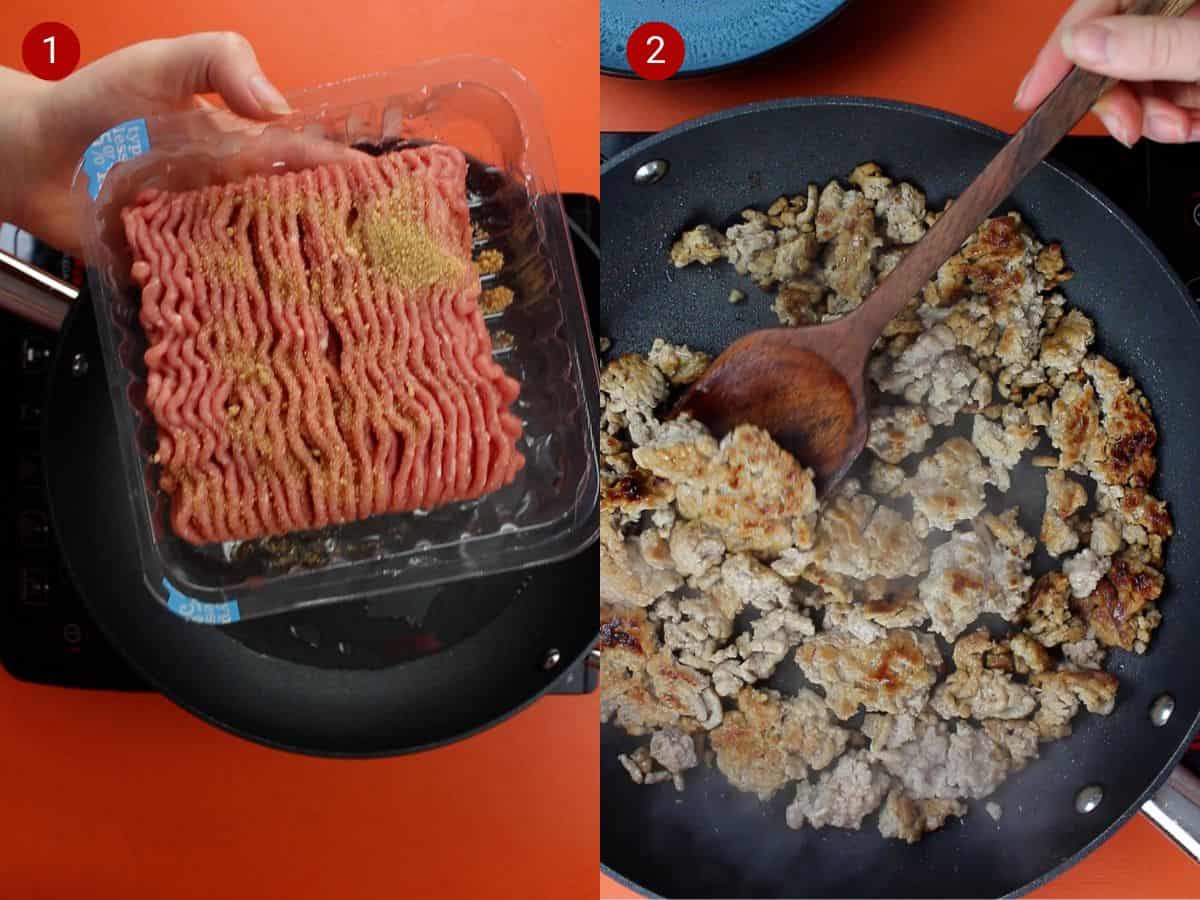 2 step by step photos, the first with mince with some sugar sprinkled on top in a plastic container over a pan and the second with the mince frying a the pan.