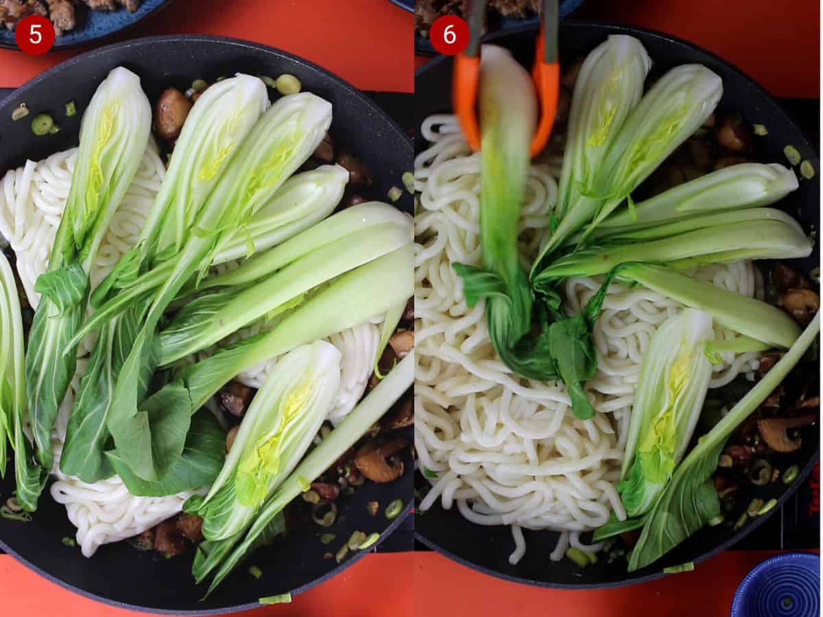 2 step by step photos, the first with pok choi and noodles added to a pan and the spring onions and the second with tongs stirring the pak choi with the noodles.