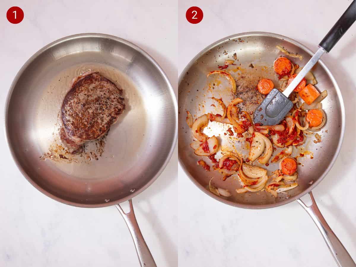 2 step by step photos, the first with a piece of steak in a stainless steel pan and with only carrots and onion slices frying in the pan with some tomato puree added.