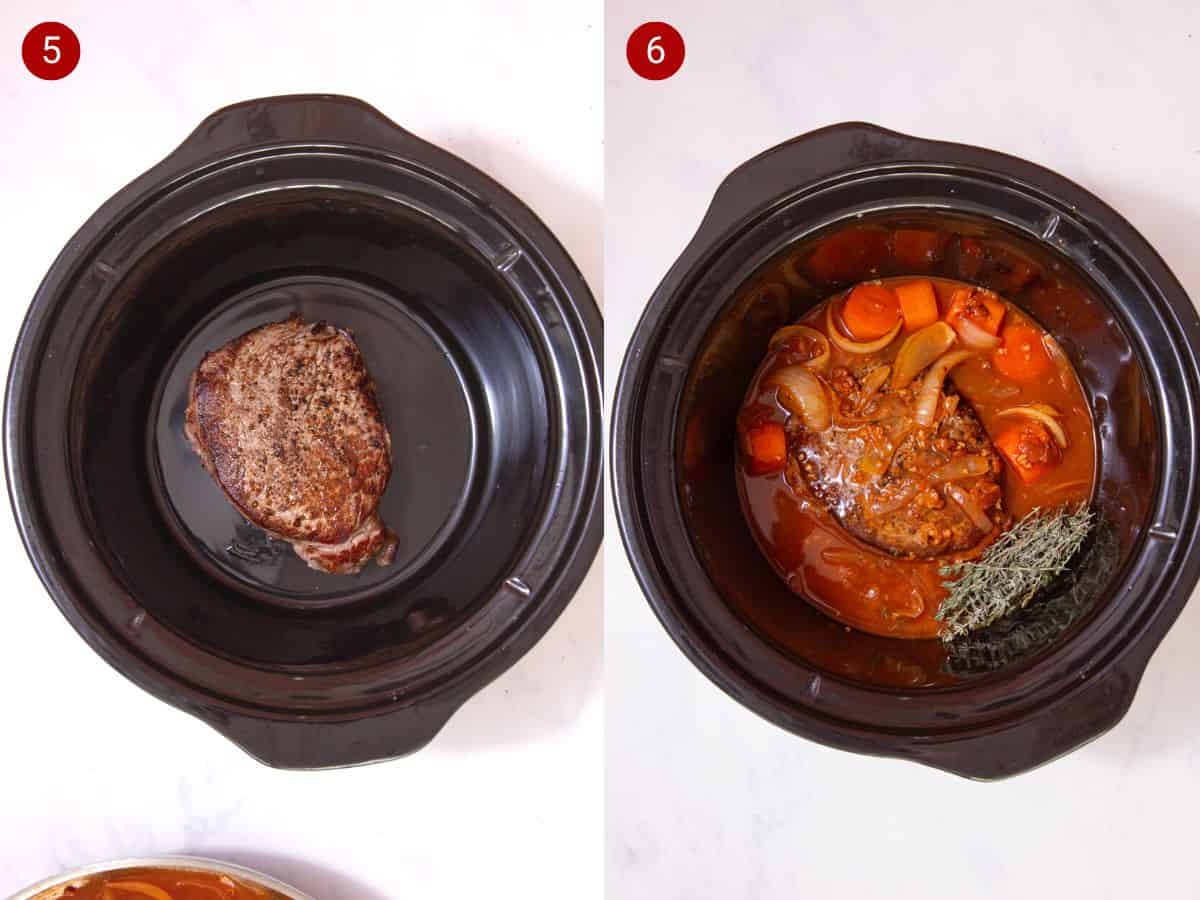 2 step by step photos, the first with a browned piece of steak in a slow cooker pan and the second with the stock, carrots, onions and thyme sprigs added to pan.