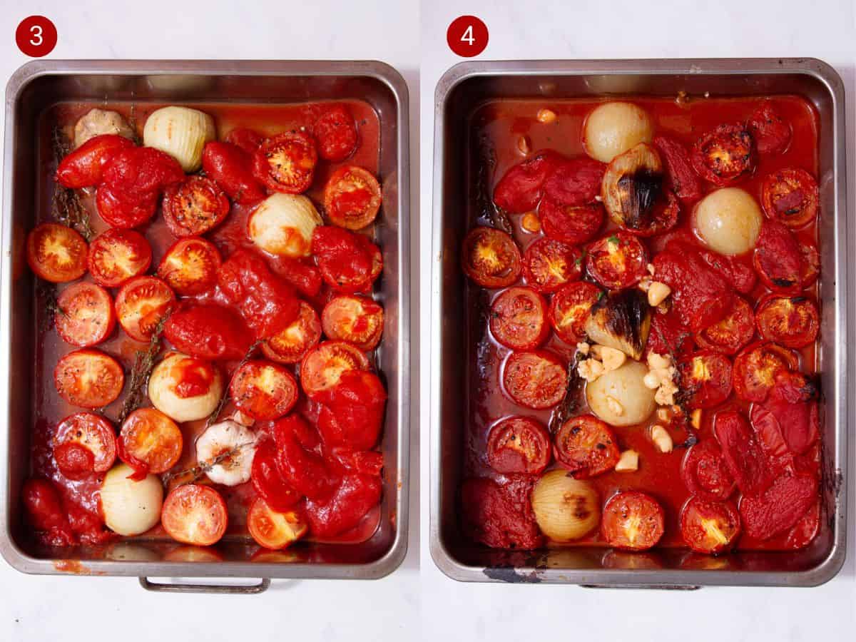 2 step by step photos, the first with plums tomatoes added with roasted tomatoes, the garlic bulb and onions with thyme sprigs in a baking tray and the second showing the ingredients baked.