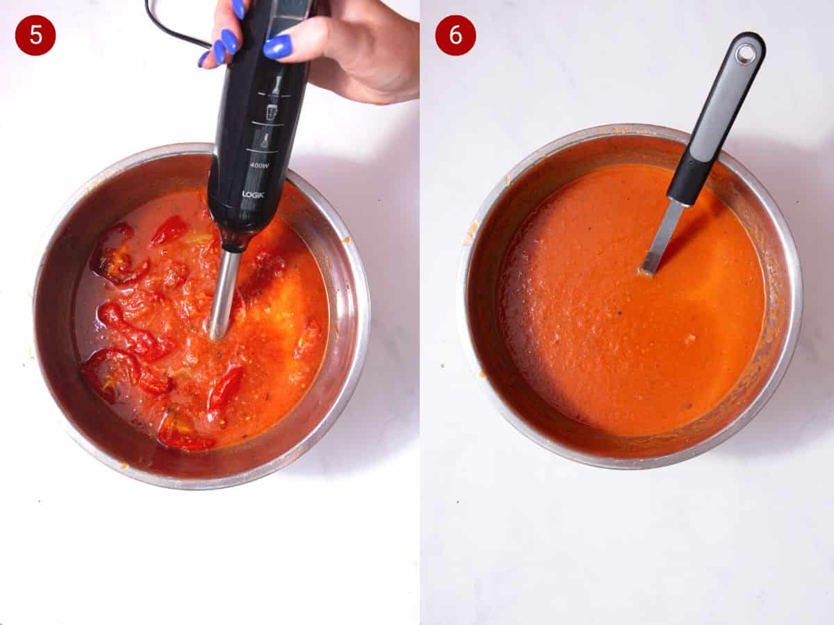 2 step by step photos, the first with tomato soup ingredients in a large metal bowl with a hand blender and the second showing the blended soup with a spatular in the bowl