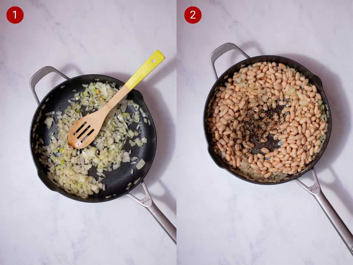 2 step by step photos, the first with finely sliced onions frying in a pan and the second with beans and seasoning added to the pan.