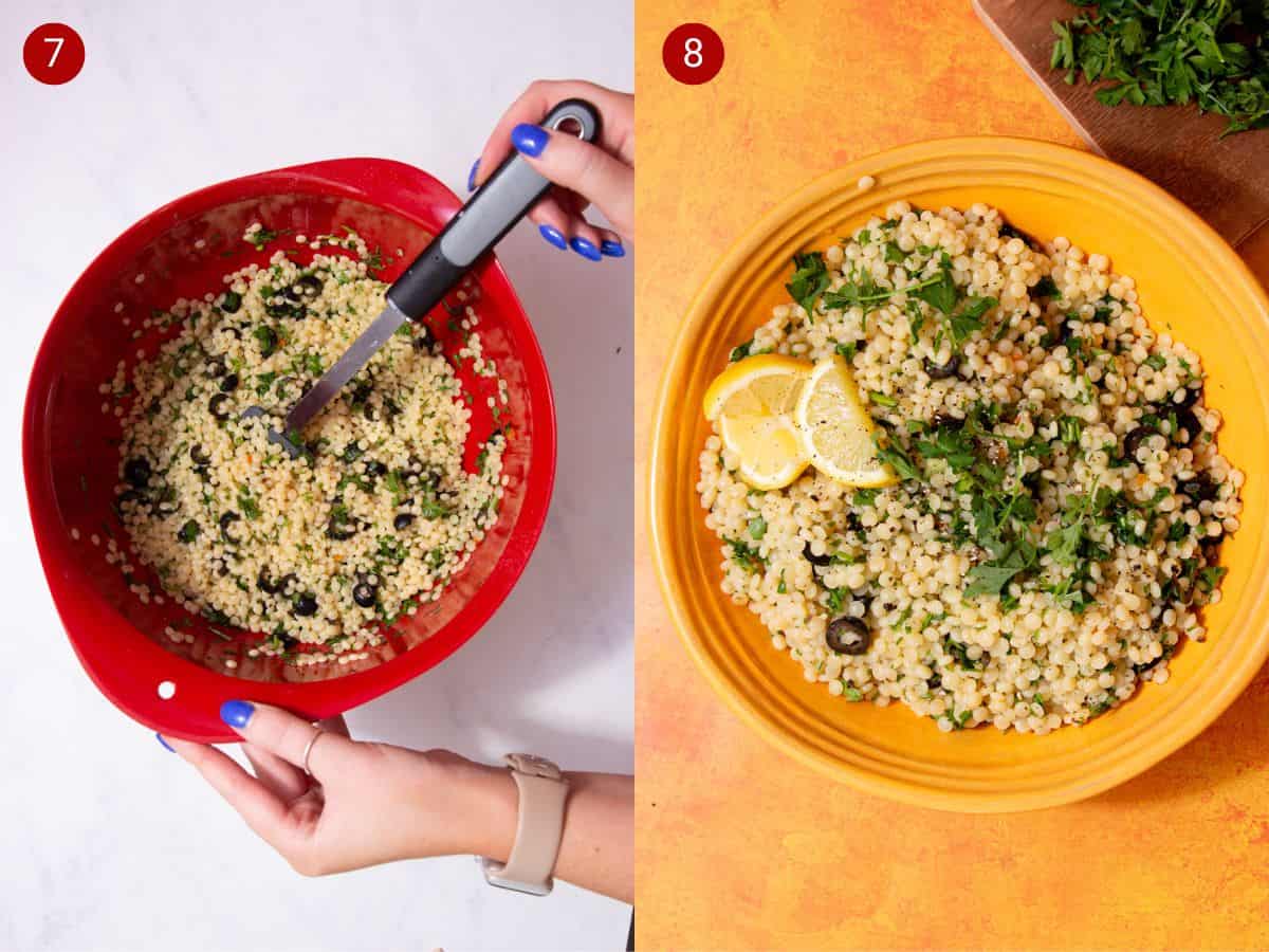 2 step by step photos, the first with cooked giant cous cous, black olives and parsley in a red bowl mixed with a spatula and the second with the cous cous, black olives and parsley in alarge yellow bowl with lemon slices.
