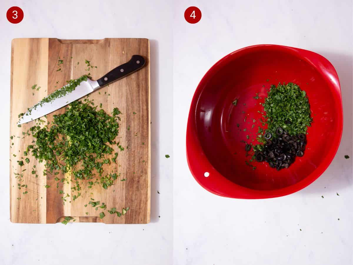 2 step by step photos, the first with finely sliced parsley on chopping a board and the second with a red bowl with slices of black olives and the chopped parsley.