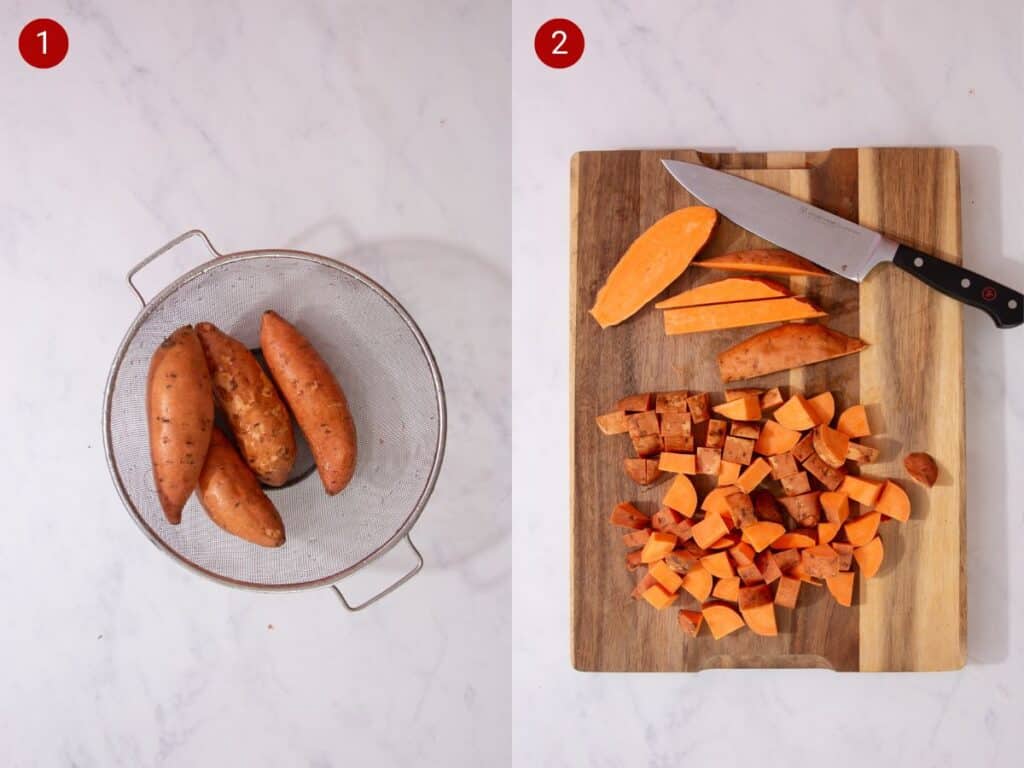 2 step by step photos, the first with sweet potatoes in a sieve and the second with the sweet potatoes sliced into cubes on a chopping board.
