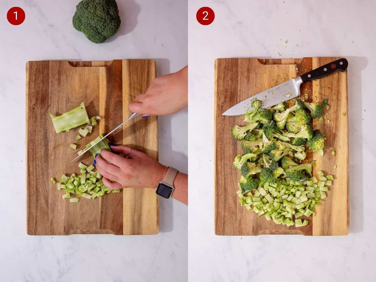 2 step by step photos, the first with sliced broccoli stalks on chopping a board and the second with broccoli florets sliced next to the stalks on a chopping board.
