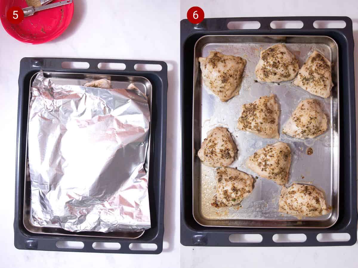 2 step by step photos, the first with the chicken thighs covered with foil and the second with sthe chicken thighs with the foil removed on a baking tray.
