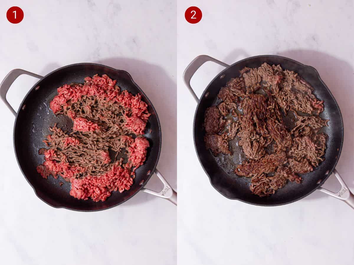 2 step by step photos, the first with raw mince frying in a pan and the second with the mince browned in the pan.