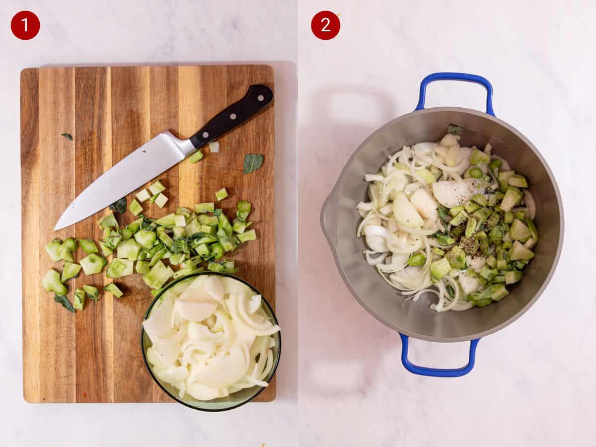 2 step by step photos, the first with sliced onions and broccoli stalks on chopping a board and the second with them added to a pan.