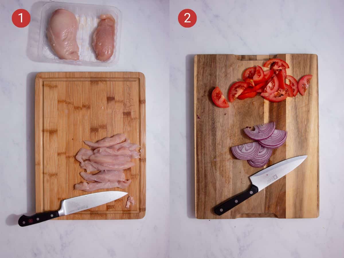 2 step by step photos, the first with chicken sliced on a chopping board with a knife and the second with tomatoes and red onions sliced on a chopping board.