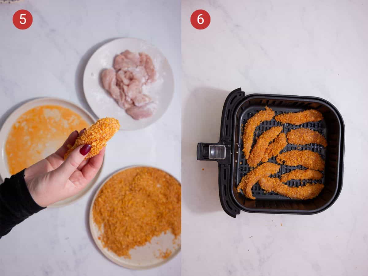 2 step by step photos, the first with chicken goujon covered with cornflakes over the egg, and cornflake plate and the second with the cornflake covered chicken goujons in an airfryer tray.