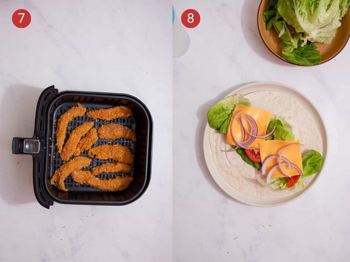 2 step by step photos, the first with chicken goujons in the airfryer tray and the second with a wrap on a plate with lettuce, tomatoes and onions.