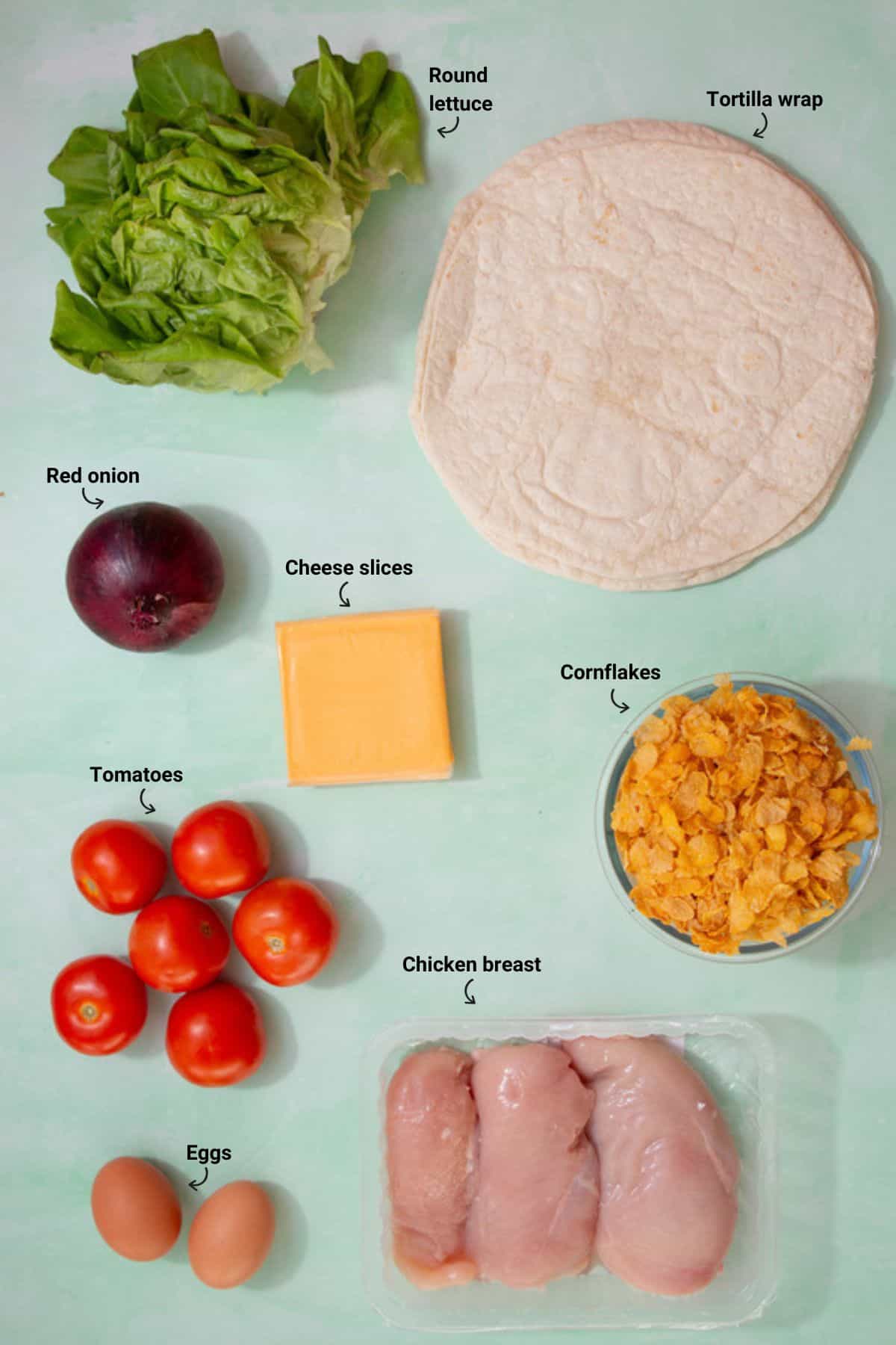Ingredients to make the chicken wrap recipes laid out on a pale blue background and labelled.